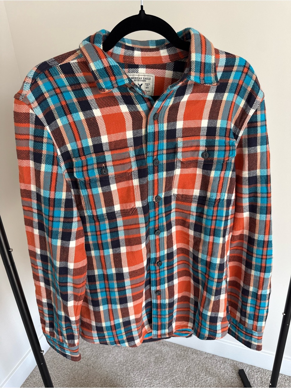 American Eagle Outfitters Orange, Teal & Brown Plaid Button-Down Shirt